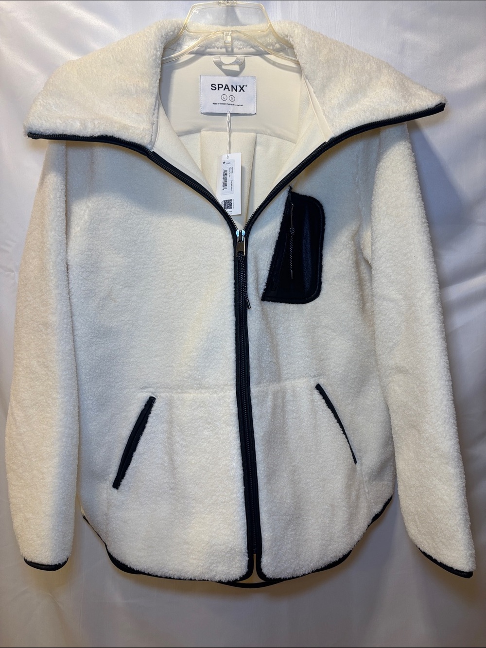 SPANX Cream Fleece Jacket with Black Trim and Zip Pockets
